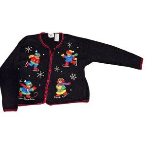 Black & Red Vintage Ice Skating Winter Bears W/ Snowflakes Button Up Cardigan